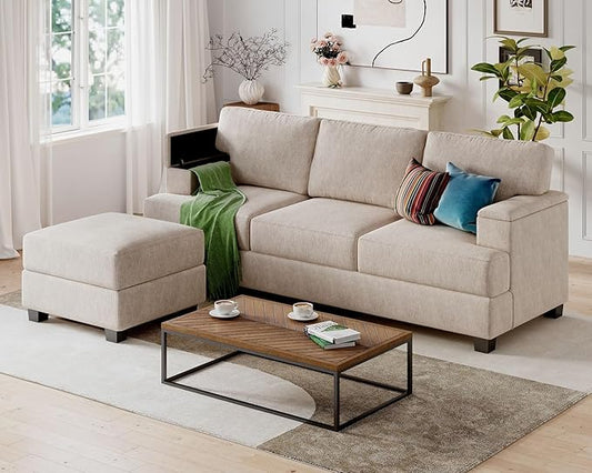 85'' L Shaped Couch with Armrest Organizer,3 Seats Sofas with Movable Ottoman,Comfy Sectional Sofa with Thick Cushion,Chenille Sectional Couches for Living Room,Bedroom,Apartment,Home Furniture,Khaki