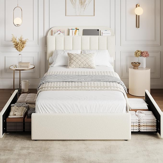 GarveeHome Twin Bed Frame with Storage Headboard, Kids Bed Frame with 2 Drawers, Boucle Upholstered Platform Bed with Bookcase, No Box Spring Needed, Easy Assembly, Ivory White