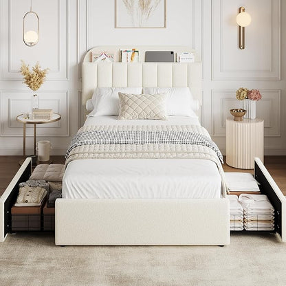 GarveeHome Twin Bed Frame with Storage Headboard, Kids Bed Frame with 2 Drawers, Boucle Upholstered Platform Bed with Bookcase, No Box Spring Needed, Easy Assembly, Ivory White