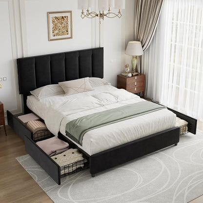 VECELO Full Size Bed Frame with 4 Storage Drawers, Adjustable Height Headboard, Heavy-Duty Platform Bedframe with Strong Wooden Slats, No Box Spring Needed, Black