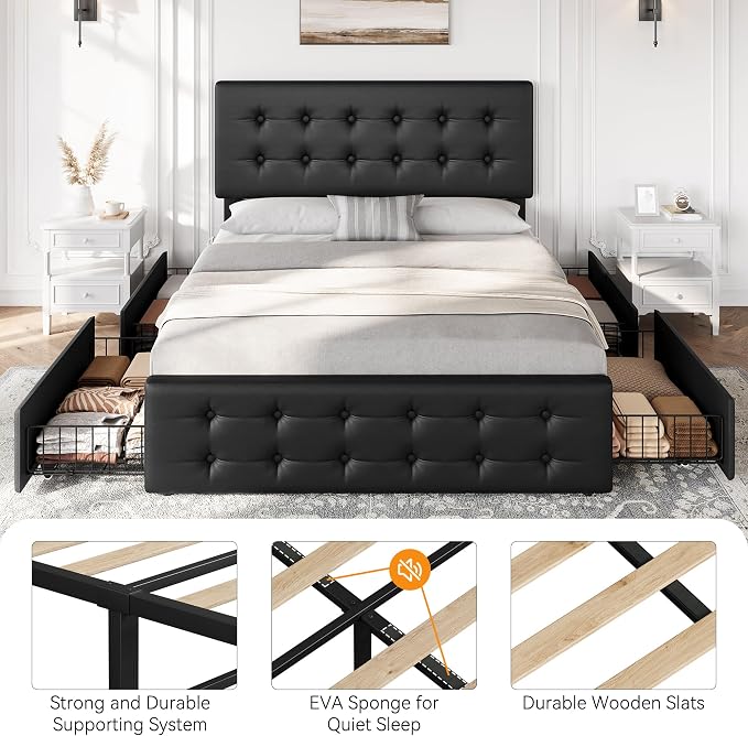 IDEALHOUSE Queen Size Bed Frame with 4 Storage Drawers and Headboard, Faux Leather Upholstered Platform Bed Frame with Wooden Slats Support, Button Tufted Design, No Box Spring Needed, Black
