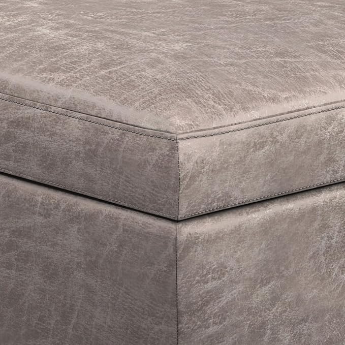 SIMPLIHOME Owen Rectangular Storage Ottoman - 48 inch Wide Upholstered Vegan Leather Lift-Top Ottoman in Distressed Grey Taupe, Mid-Century Modern Ottoman for Living Room with Tufted Detail