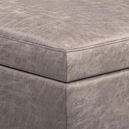 SIMPLIHOME Owen Rectangular Storage Ottoman - 48 inch Wide Upholstered Vegan Leather Lift-Top Ottoman in Distressed Grey Taupe, Mid-Century Modern Ottoman for Living Room with Tufted Detail