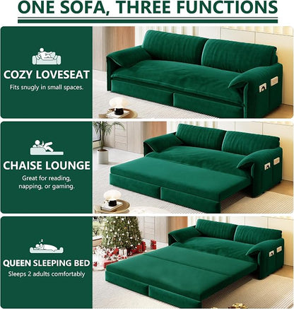 63.8" Sofa Bed Queen Size, Pull Out Couch Bed, 3-in-1 Convertible Sleeper Sofa with Side Pocket, Modern Velvet Futon Couch for Living Room, Small Space, Apartment, Bedroom, Green