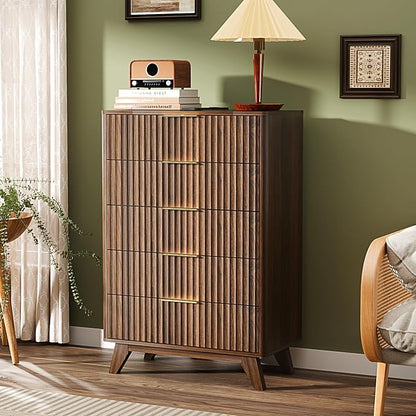 VINGLI Fluted Tall Dresser 5 Drawer Chest of Drawers, Walnut Wood Dresser for Bedroom Mid Century Modern with Rounded Edge, 29.92" W*15.6" D*44.88" H