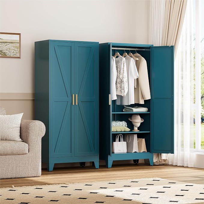YAUWOH Farmhouse Wardrobe Cabinet,Metal Wardrobe Closet with Hanging Rod,Metal Armoire with Adjustable Shelves for Bedroom,Cloak Room,Office (Blue)