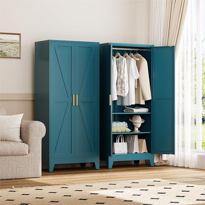 YAUWOH Farmhouse Wardrobe Cabinet,Metal Wardrobe Closet with Hanging Rod,Metal Armoire with Adjustable Shelves for Bedroom,Cloak Room,Office (Blue)