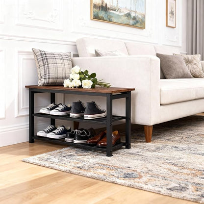 Shoe Rack Bench, Industrial Entryway Storage Bench Organizer with Multiple Tiers and Wood Seat, Rustic Brown (3-Tier)