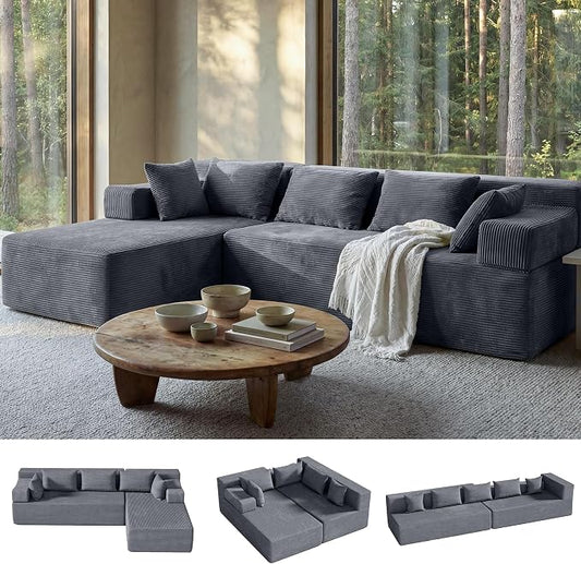 MONVANE 106" Cloud Sectional Couch with L-Shaped Chaise, Modular Sectional Sofa with Deep Seat and Removable Armrests, Comfy Corduroy Boneless Couches for Living Room, No Assembly Required, Grey