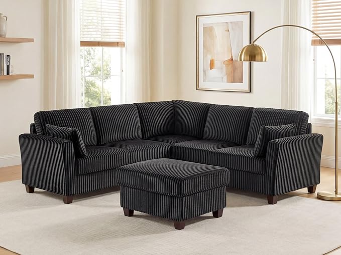 VANOMi Sectional Corner Couch, Corduroy L Shaped Sofa, 6-Seat Couch,Black