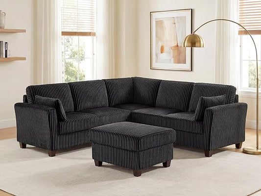 VANOMi Sectional Corner Couch, Corduroy L Shaped Sofa, 6-Seat Couch,Black