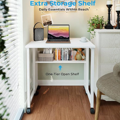 GreenForest Folding Desk with Wheels, 24.8 Inch Compact Rolling Computer Table with Storage Shelf, Portable Mobile Workstation for Small Spaces, Easy Assembly, Pure White