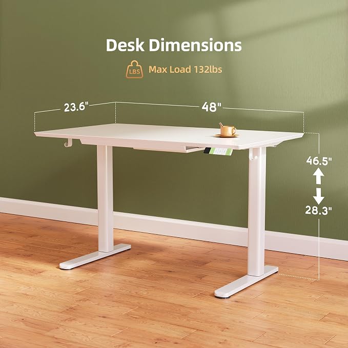 INNOVAR Glass Standing Desk with Drawers, 48×24 Inch Adjustable Stand Up Desk Quick Install Home Office Computer Desk, White