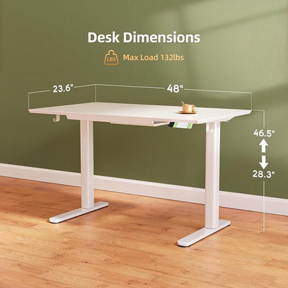 INNOVAR Glass Standing Desk with Drawers, 48×24 Inch Adjustable Stand Up Desk Quick Install Home Office Computer Desk, White