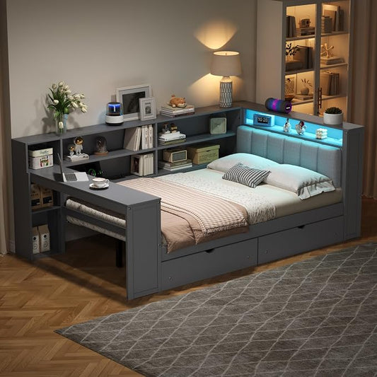 Bellemave Full Corner Bed with Storage Shelves and Desk, Upholstered Headboard Daybed with Bookcase and Drawers，Daybed with Storage, Grey+ Grey Cushion