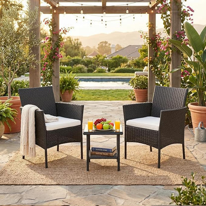 FDW Wicker Outdoor Furniture Patio Furniture Set of 3 Rattan Patio Chairs Outdoor Chairs Patio Conversation Set with Coffee Table for Yard Backyard Lawn Porch Poolside Balcony,Black