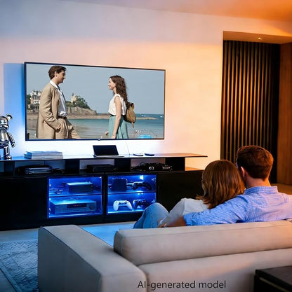 70-Inch Black TV Cabinet,Equipped with A USB Charging Strip,6 Large Storage Spaces,2 Glass Doors with Built-in Ambient Lighting,Serving as A Media and Entertainment Cabinet