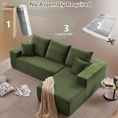 107" Cloud Sectional Couch with L-Shape Chaise, Modern Modular Comfy Sofa Chaise Longue, Upholstered Corduroy Couches Sleeper with Deep Seat for Living Room Bedroom, No Assembly Required, Green