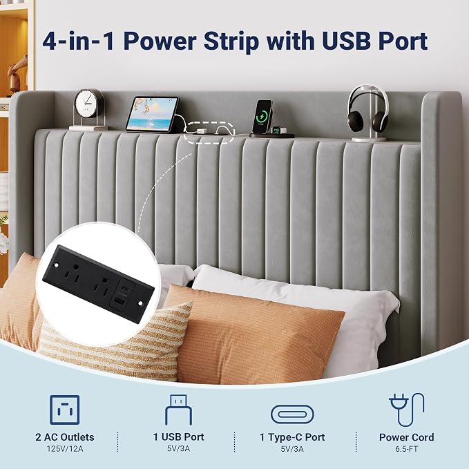 Allewie Full Size Lift Up Storage Bed Frame,Storage Shelf Headboard with Charging Station,Type-C and USB Ports,Hydraulic Support,Velvet Upholstered Bed Frame,No Box Spring Needed,Grey