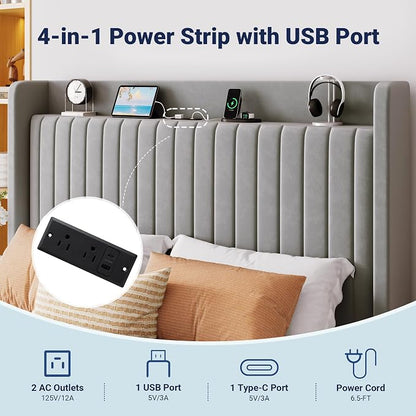 Allewie Full Size Lift Up Storage Bed Frame,Storage Shelf Headboard with Charging Station,Type-C and USB Ports,Hydraulic Support,Velvet Upholstered Bed Frame,No Box Spring Needed,Grey