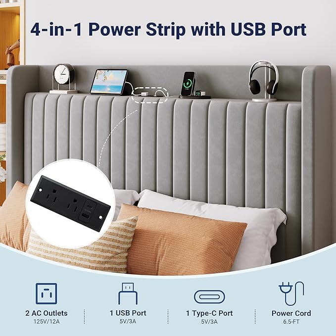 Allewie Queen Size Lift Up Storage Bed Frame,Storage Shelf Headboard with Charging Station,Type-C and USB Ports,Hydraulic Support,Velvet Upholstered Bed Frame,No Box Spring Needed,Grey