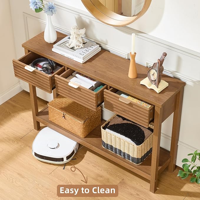 LEYAOYAO Fluted 47.2" Console Table with 3 Drawers, Modern Wood 2 Tier Entryway Table with Open Storage Shelf, Boho Sofa Entry Tables Behind Couch for Living Room, Hallway, Entrance Foyer, Tea Brown