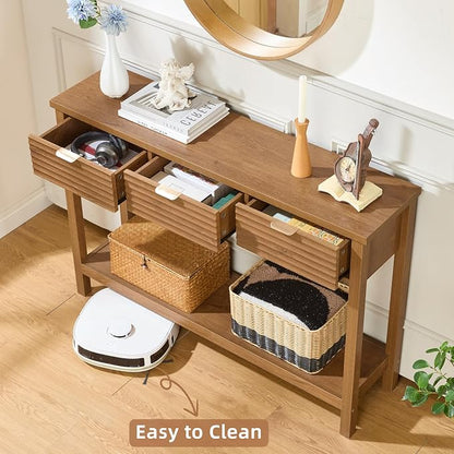 LEYAOYAO Fluted 47.2" Console Table with 3 Drawers, Modern Wood 2 Tier Entryway Table with Open Storage Shelf, Boho Sofa Entry Tables Behind Couch for Living Room, Hallway, Entrance Foyer, Tea Brown
