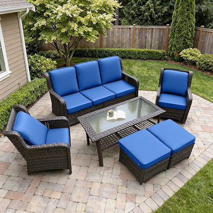 6 Piece Outdoor Patio Furniture Set, High Back Chairs with Extra Thick Cushions, Outdoor Sectional Sofa Sets with Coffee Table & Ottomans for Porch Balcony Deck Yard, Blue