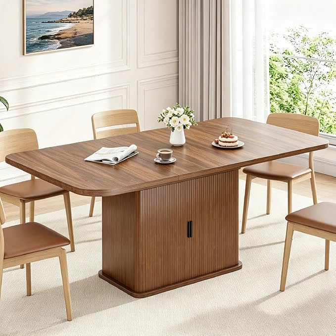 Extendable Dining Table for 4–6, 47″–63″ Rectangular Kitchen Table with Storage, Mid Century Modern Expandable Dinner Table for Dining Room,Kitchen