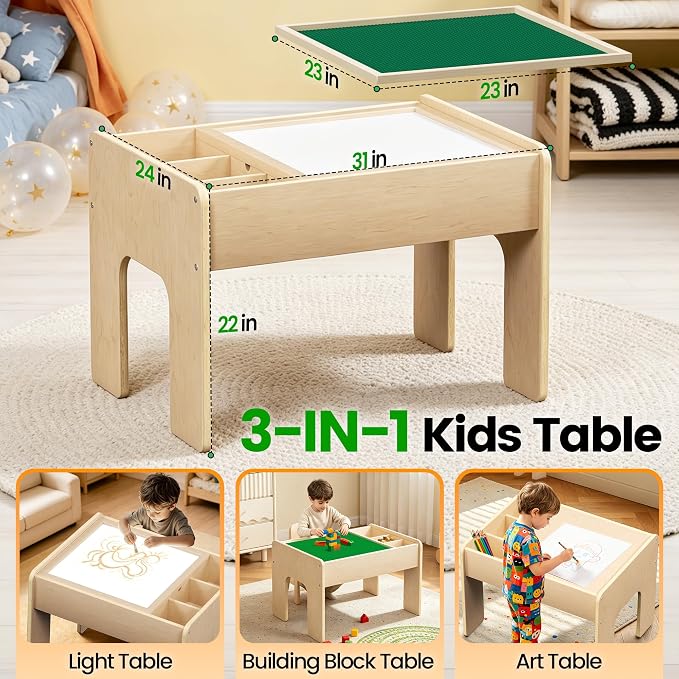 Light Table for Kids, 3-in-1 Kids Activity Table with Storage and Adjustable LED Lights, 3 Colors & 10 Dimmable Brightness, for Home Classroom Preschool & Playroom