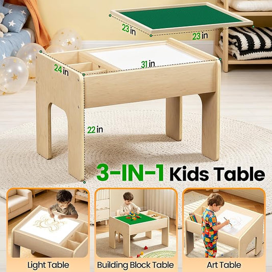 Light Table for Kids, 3-in-1 Kids Activity Table with Storage and Adjustable LED Lights, 3 Colors & 10 Dimmable Brightness, for Home Classroom Preschool & Playroom