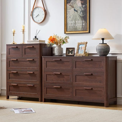 Joaxswe Farmhouse 6 Drawer Dresser for Bedroom, Horizontal Dressers with 6 Deep Drawers & 4 Thickened Table Legs & Round Table Corner, Walnut
