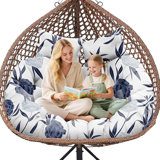 Double Egg Chair Cushion Replacement Waterproof for Outdoor Patio Hanging Basket Egg Chairs, 59x43-Inch Thickened 100% Cotton Large Double Eggs Swing Chair Cushions, Blue Enchantress