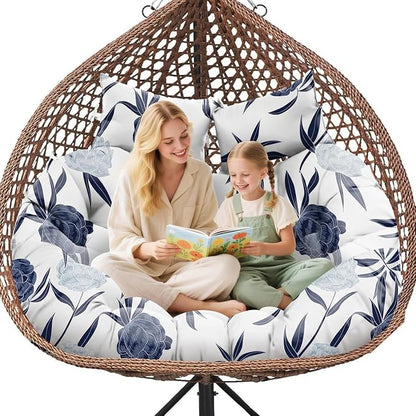 Double Egg Chair Cushion Replacement Waterproof for Outdoor Patio Hanging Basket Egg Chairs, 59x43-Inch Thickened 100% Cotton Large Double Eggs Swing Chair Cushions, Blue Enchantress
