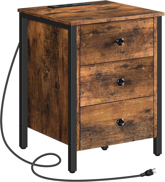 HOOBRO Nightstand with Charging Station, Side Table with 3 Drawers and Storage Shelf, End Table with USB Port, Retro Industrial Style Bedside Table, for Living Room, Bedroom, Rustic Brown BF461BZ01G2