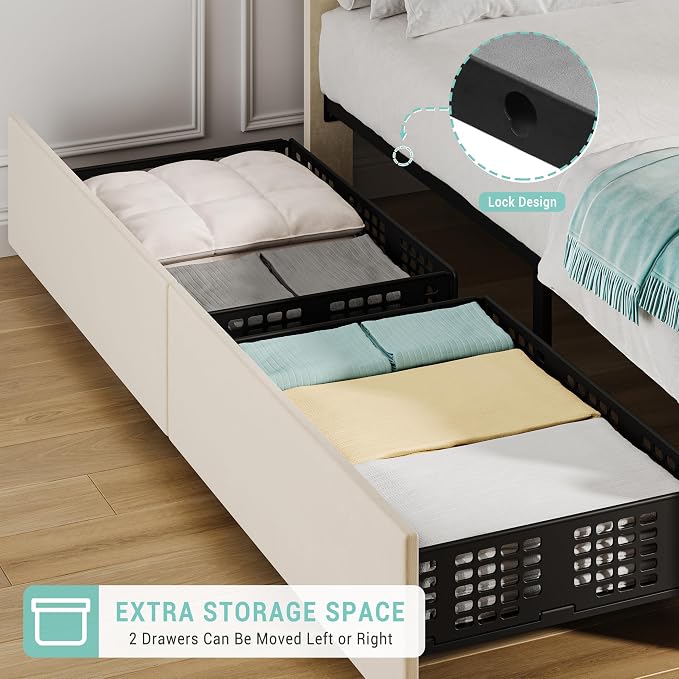 GarveeHome Twin Size Bed Frame with Adjustable Headboard and 2 Storage Drawers, Velvet Upholstered Tufted Twin Platform Bed Frames with Wooden Slats Support, Bedframe No Box Spring Needed, Beige/Cream