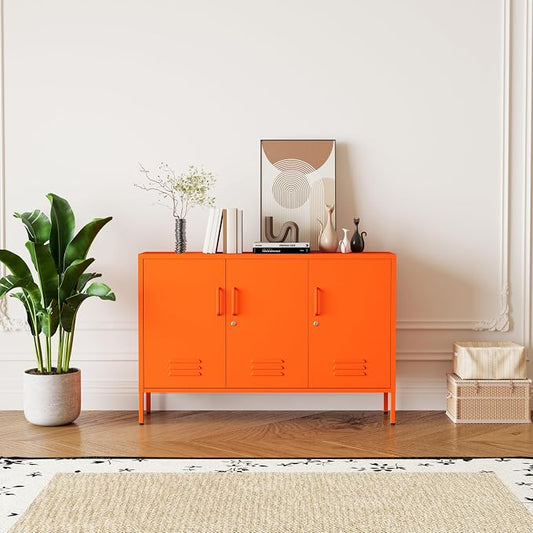 Orange Metal Storage Cabinet 3 Door Wide Metal Storage Cabinet 2 Layer Adjustable Shelves 32 "H Wide Steel Lockable Storage Cabinet Multipurpose Metal Accent Cabinet for Office/Home/Dining