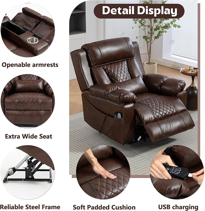 FUNECORP Big Man Power Lay Flat Lift Chair Oversized Recliner Dual Motor Heat Vibration for Elderly, Overstuffed Electric 28" Extra Wide Recliners with Flip Arm Storage Cup Holders,USB Type C Charging