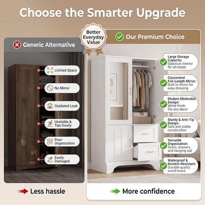 LIKIMIO Armoire Wardrobe Closet with Mirror and 3 Doors and 2 Drawers, Bedroom Wooden Armoire Storage Cabinet Combination with Hanging Rod for Bedroom, White