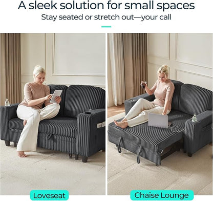 LINSY HOME Sectional Sleeper Sofa Pull Out Couches for Living Room (Grey, Pull Out Couch) | Pull Out Sofa Bed, Storage, USB Charging, Cup Holders, Plush Corduroy