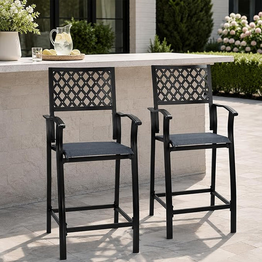 Kozyard Outdoor Counter Height Bar Stools Set of 2, Patio Bar Chairs with Wrought Iron Frame & Textilene Fabric, Outdoor Dining Chairs for Patio, Poolside, Backyard Navy Blue