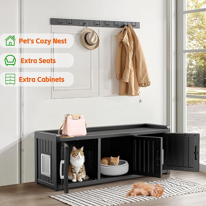 DRATO Indoor Outdoor Shoe Storage Cabinet, Shoe Bench Entryway with Adjustable Shelves, Multifunctional Resin Storage Bench for Entryway Foyer Hallway (Black, 3 Doors with Windows)