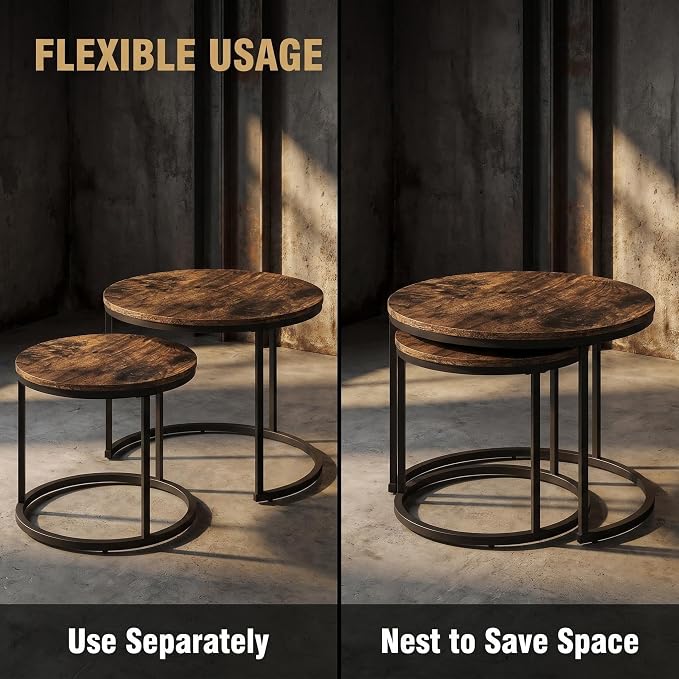 Living Room Side Table, Round Coffee Tables for Living Room, Modern Nesting Drink for Small Spaces, Set of 2 (Rustic Wooden)