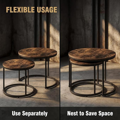Living Room Side Table, Round Coffee Tables for Living Room, Modern Nesting Drink for Small Spaces, Set of 2 (Rustic Wooden)