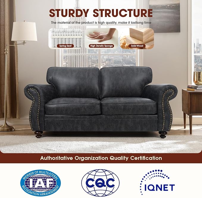 Couchus Mid-Century Vintage Sofa Couches with Rivet Design,loveseat Sofa,Removable Sofa Cover Upholstered Cushions and Solid Wood Frame (Grey, Loveseat)