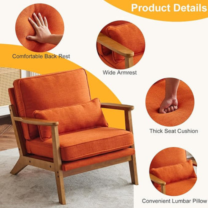 Karl home Mid-Century Lounge Accent Chair, Burnt Orange | Wide Curved Armrest, Linen Fabric, Lumbar Pillow Included, Solid Wood Frame, For Living Room, Bedroom, Balcony, Apartment