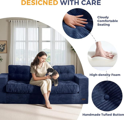 MAXYOYO Oversized Loveseat Sofa Couch, Upholstered Bean Bag Chair Cloud 3-Seat for Adults, Boneless Couch with Tufted Cushion & Pillows, Sofa in A Box, No Assembly Required, Navy