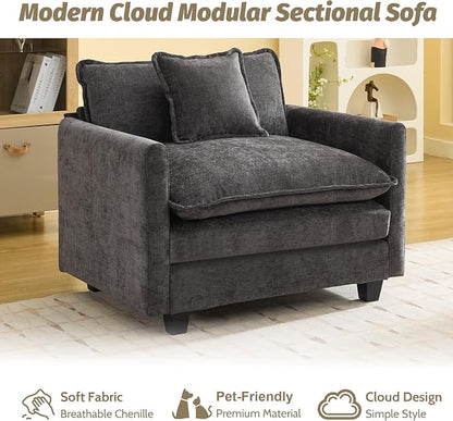 WUTUTUEE 41'' Modern Chenille Oversized Chair, Upholstered Accent Living Room Chair with Extra Thicked Deep Seat, Single Lounge Chair for Bedroom, Small Apartment, Dark Grey