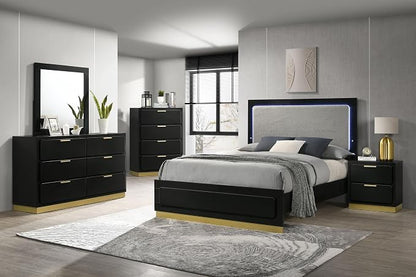 Coaster Home Furnishings Caraway Contemporary 5-Piece Bedroom Set Upholstered Queen Size LED Panel Bed Frame 55-inch Headboard Black 224781Q-S5