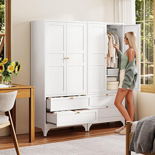 Letaya Metal Armoire Wardrobe Closet with 2 Drawers,18" Deep Clothing Storage Cabinet with Doors and Shelves,Coat Closet with Hanging Rod,Bedroom,Home,Cloak Room,White